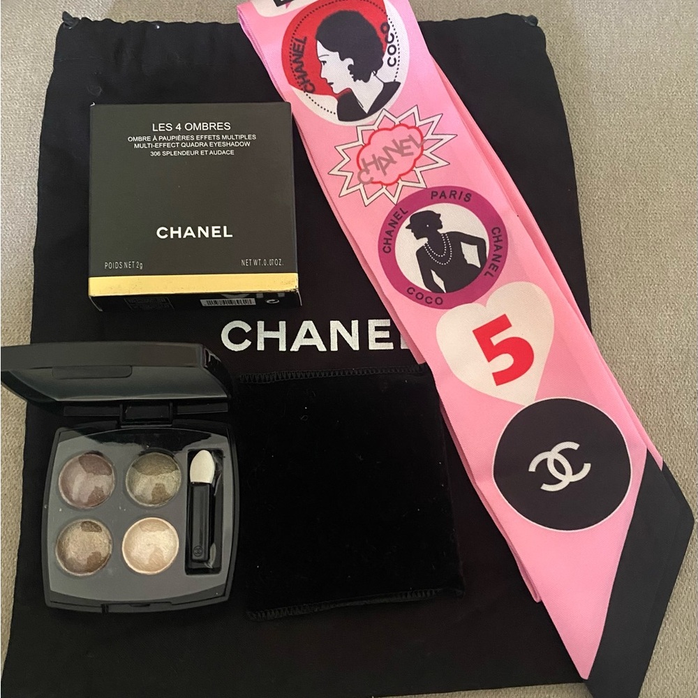Chanel Pink Graphic Scarf and Makeup Set